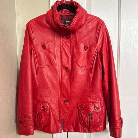 DANIER Red Italian Leather Jacket Women M/M‎ Funnel Neck Button Front Pockets - Picture 2 of 9
